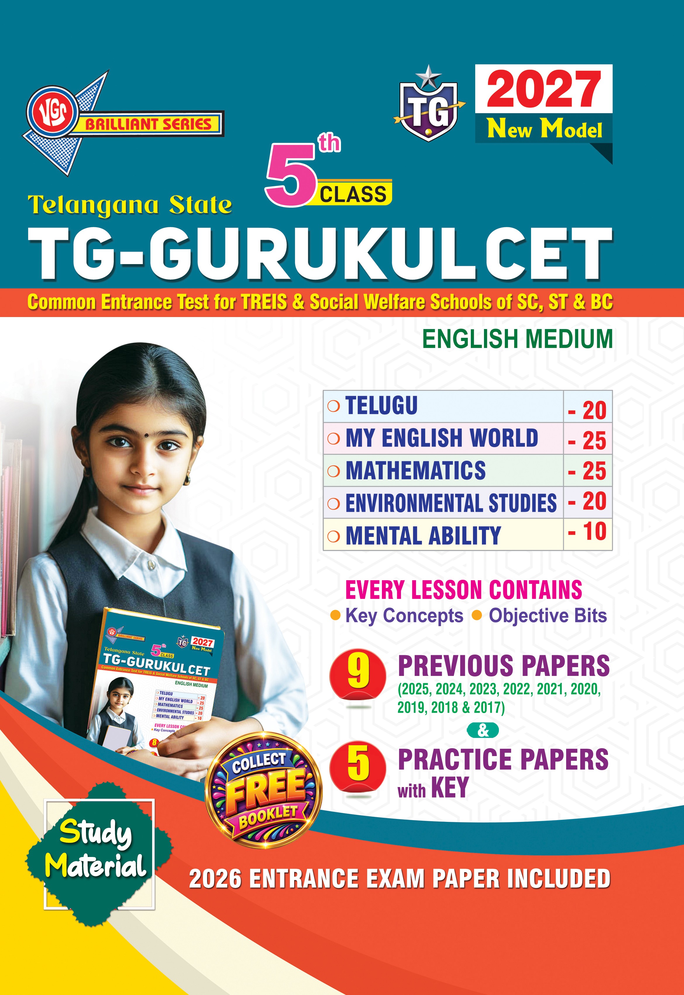 TG Gurukul CET 5th (E/M) Study Material with free booklet which includes 14 Previous and Practice Papers - 2027